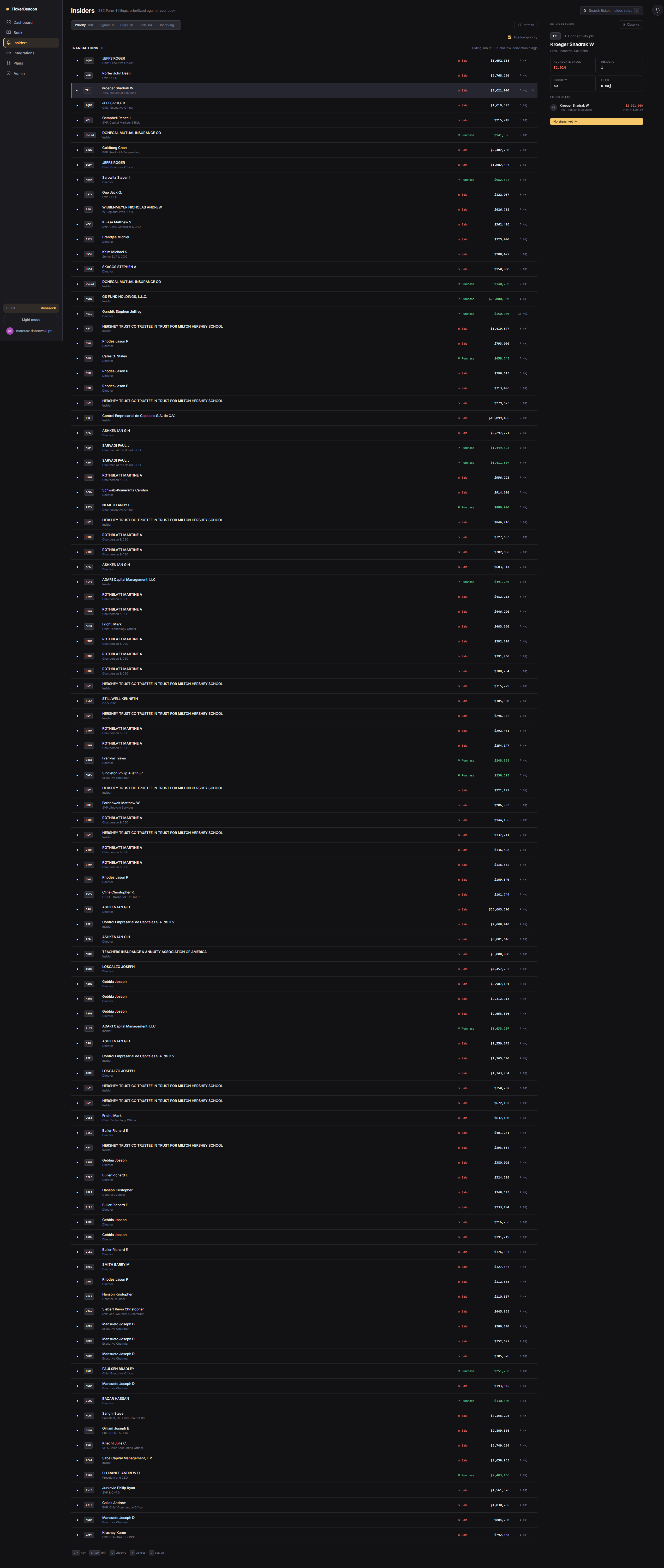 TickerBeacon insiders screen showing prioritized Form 4 transactions and filing preview